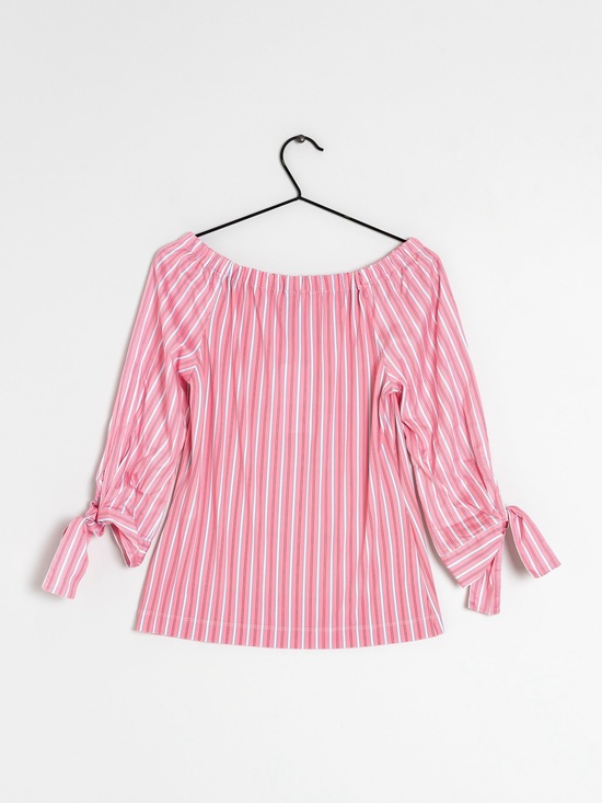 Marc Cain Tops - Marc Cain Pink and White Striped Off-Shoulder Tie-Sleeve Blouse